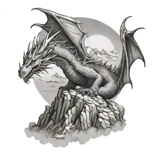 Dragon perched on a mountain peak, overlooking a fantasy kingdom tattoo design idea