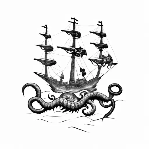 Kraken and Pirate Ship tattoo design idea