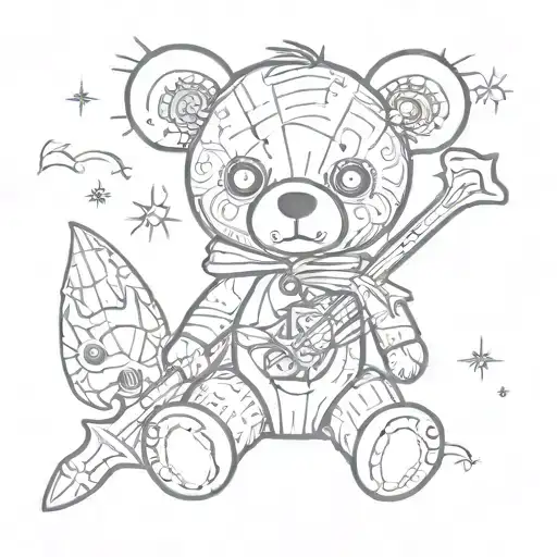 voodoo bear doll, with gothic pattern, and holding a small cartoon stuffed bat on its lap, needles and stitching body tattoo design idea