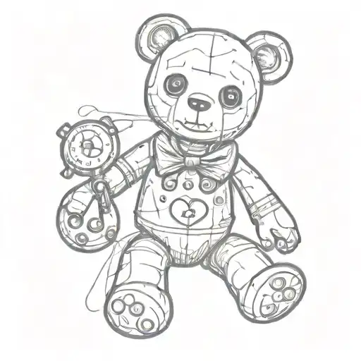 voodoo doll, similar to a teddy bear, buttons for eyes, and he holding a heart, some patches and pins around his body tattoo design idea