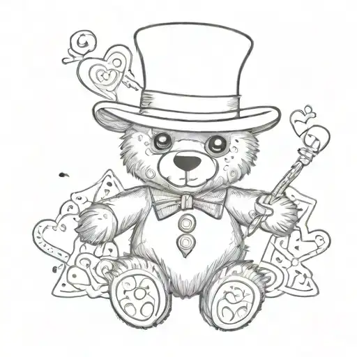 Full-body voodoo teddy bear, wearing a trickster hat, surrounded by cards of hearts, button eyes, needles and stitching  tattoo design idea