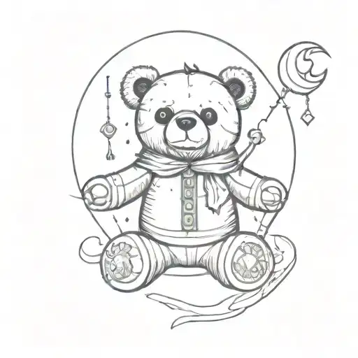 Voodoo doll with the appearance of a bear, black button eyes, below it a half moon, around him tarot cards  tattoo design idea