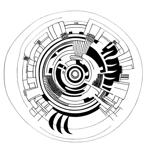 A minimalist tattoo of an artistic representation of a car engine with Japanese calligraphy tattoo design idea