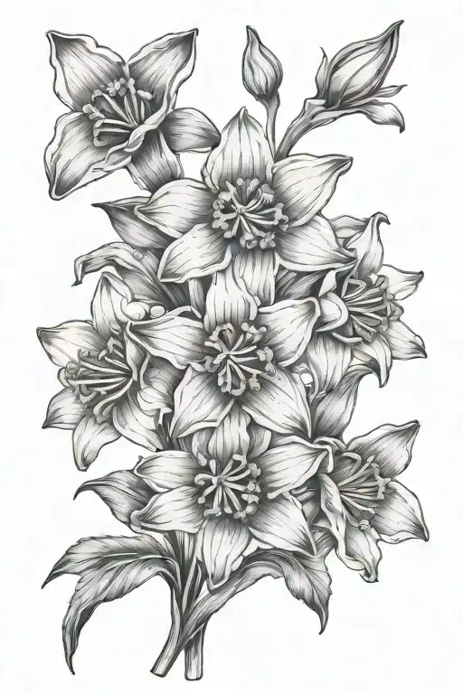 forget me not, daffodil, lilly flower bouquet tattoo design idea