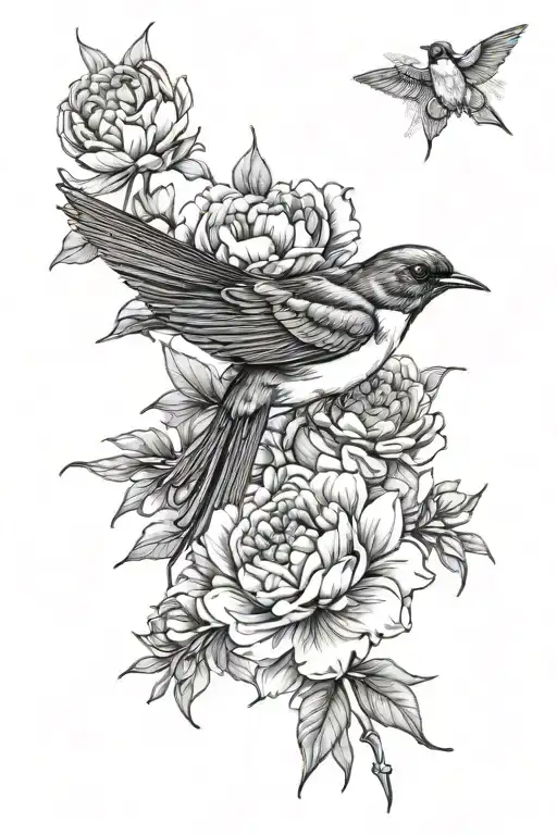 barn swallow bird with peonies tattoo design idea