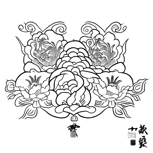 Floral design incorporating Chinese historical symbols and love tattoo design idea