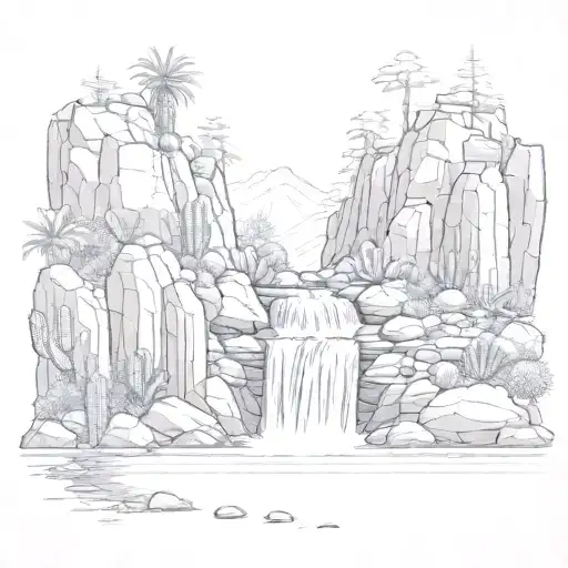 huge waterfall with rocks and cacti tattoo design idea