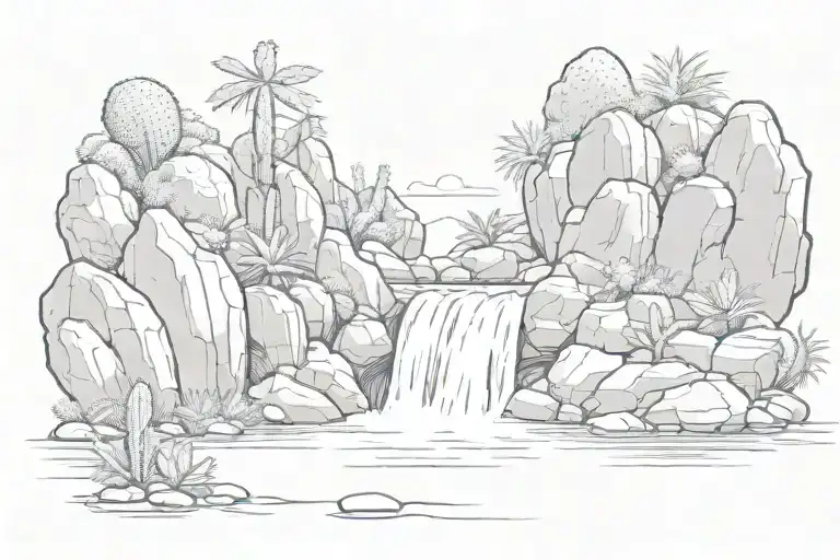 waterfall with rocks and cacti tattoo design idea