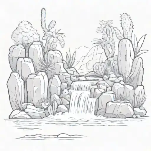 waterfall with rocks and cacti tattoo design idea