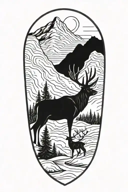 wooded mountain scene with elk head in forefront  tattoo design idea
