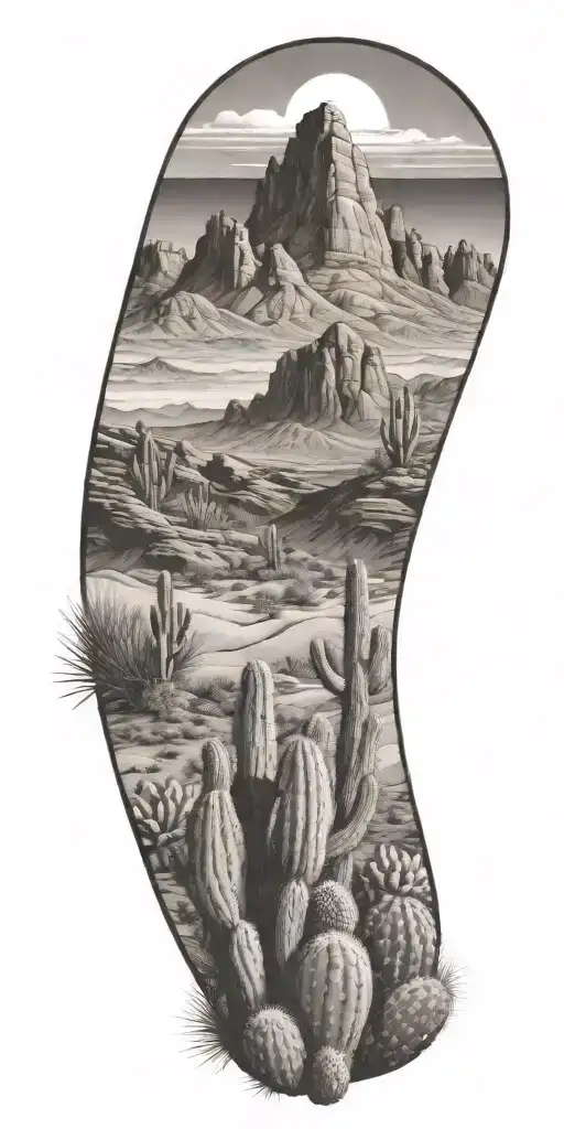 mountain landscape transition to desert landscape filled with cacti tattoo design idea