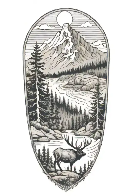 wooded mountain scene with elk head in forefront  tattoo design idea