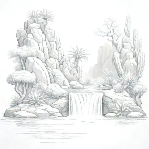 huge leftward flowing waterfall with cacti and pond reflection tattoo design idea