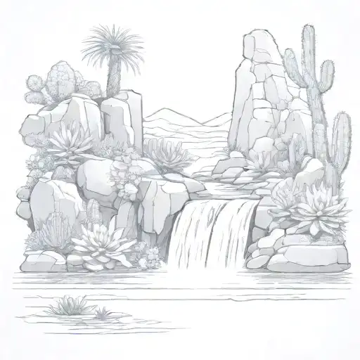 large cascading leftward waterfall with cacti and pond reflection tattoo design idea