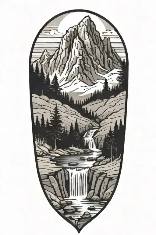 large mountains with trees and stream flowing tattoo design idea