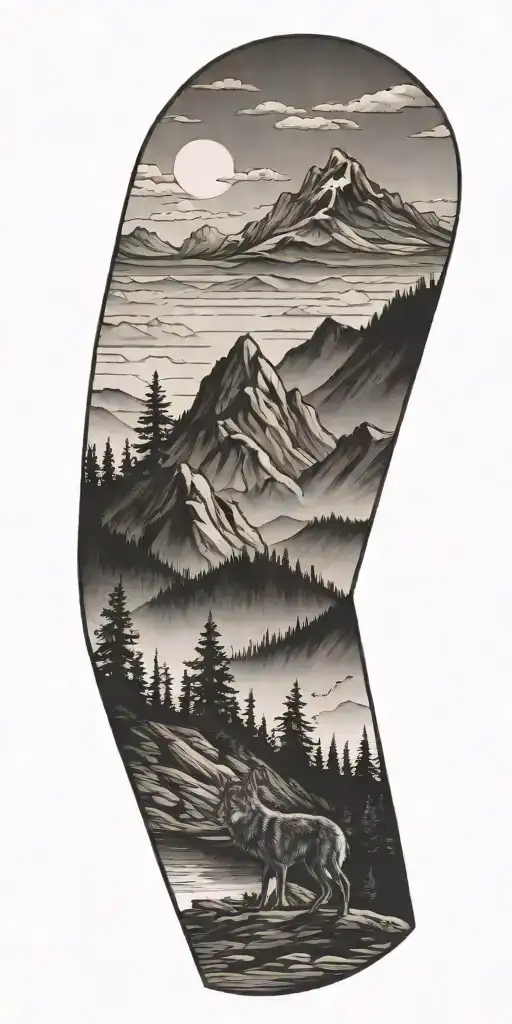 wooded mountain scene at top transitioning to desert landscape on forearm with coyote  tattoo design idea