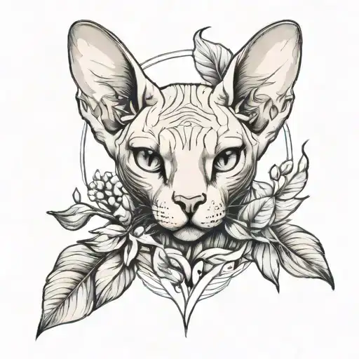 sphynx cat head surrounded by leaves  tattoo design idea