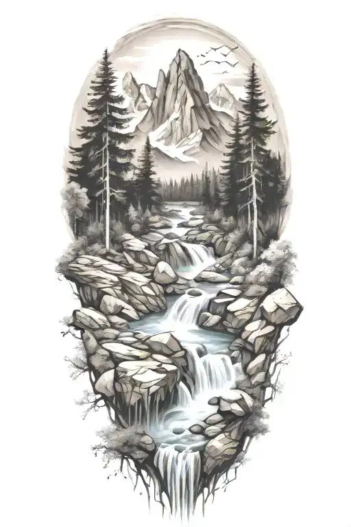 large mountains with trees and stream flowing tattoo design idea