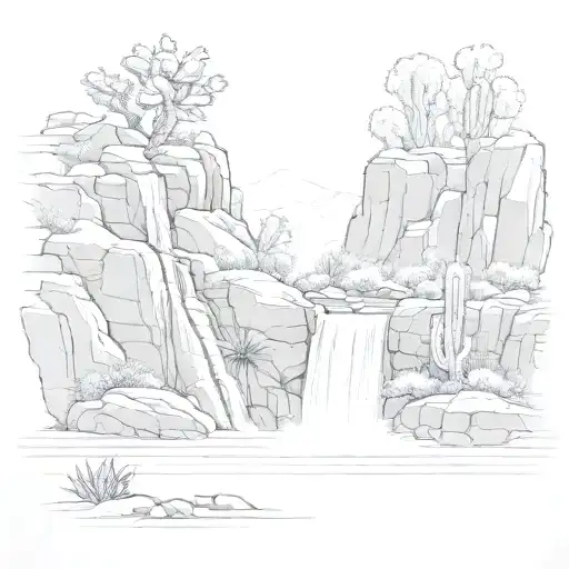 large cascading leftward waterfall with cactus tattoo design idea