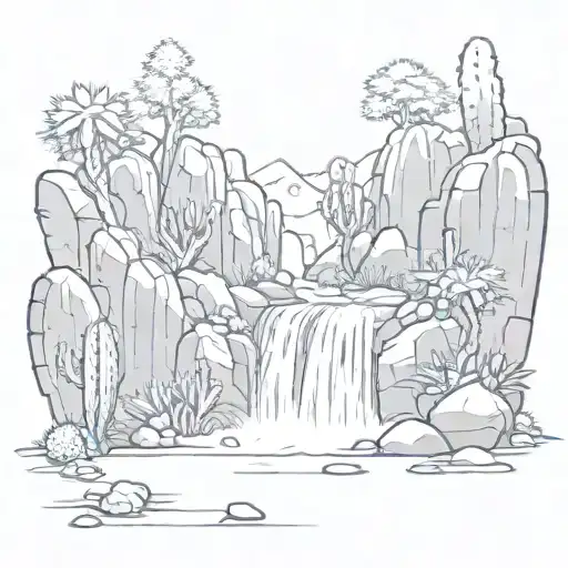 huge waterfall with  cacti tattoo design idea