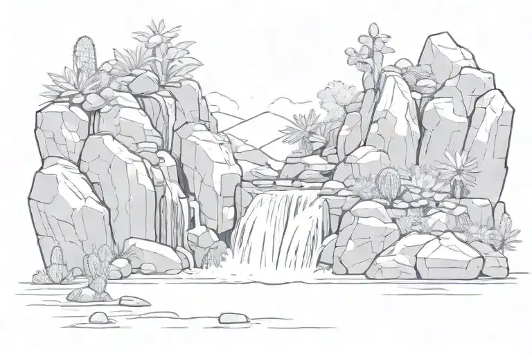 waterfall with rocks and cacti tattoo design idea