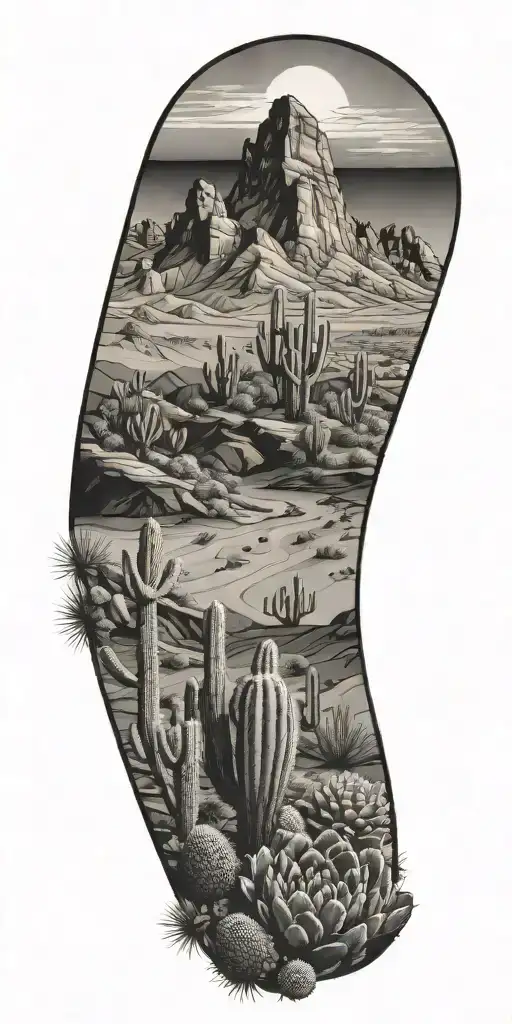 mountain landscape transition to desert landscape filled with cacti tattoo design idea