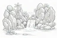 waterfall with rocks and cacti tattoo design idea
