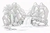 waterfall with rocks and cacti tattoo design idea