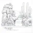 huge waterfall with cacti and pond reflection tattoo design idea