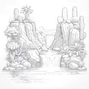 huge waterfall with cacti and pond reflection tattoo design idea