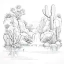 huge waterfall with cacti and pond reflection tattoo design idea