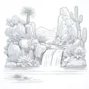 large cascading leftward waterfall with cacti and pond reflection tattoo design idea