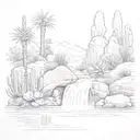 large cascading leftward waterfall with cacti and pond reflection tattoo design idea