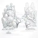 large cascading leftward waterfall with cacti and pond reflection tattoo design idea