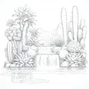large cascading leftward waterfall with cacti and pond reflection tattoo design idea