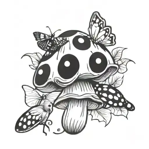 mushroom, ladybug. dove, butterfly tattoo design idea