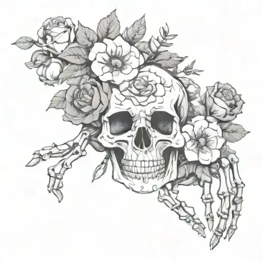 skeleton hands and skull with flowers tattoo design idea