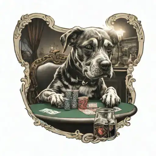 A realistic depiction of a dog playing poker in a smoky casino setting, with a spotlight shining on the dog's intense expression tattoo design idea