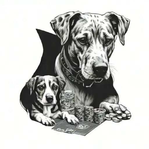 A realistic portrait of your dad playing poker with a dog sitting next to him tattoo design idea