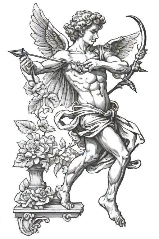 cupid statue shooting him self with arrow  tattoo design idea
