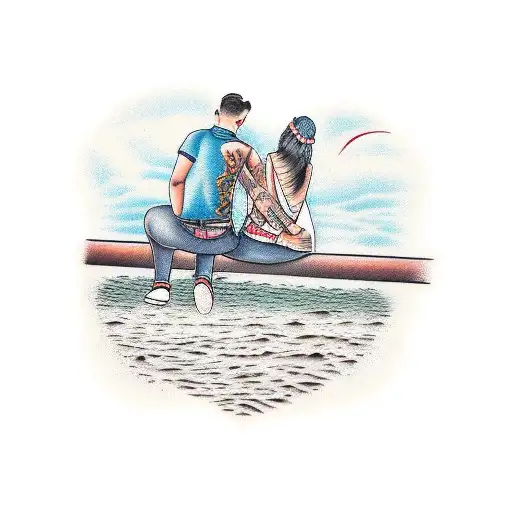 Boy and girl hugging on side of pier at night tattoo design idea