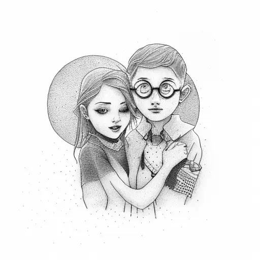 Boy and girl hugging on side of pier at night tattoo design idea