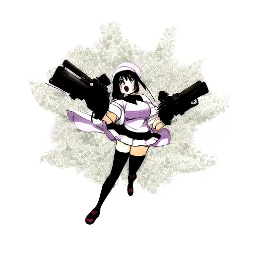 cute anime girl with holding a gun, fullbody, manga style tattoo design idea