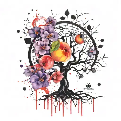violets with a tree of life intertwined and one peach tattoo design idea