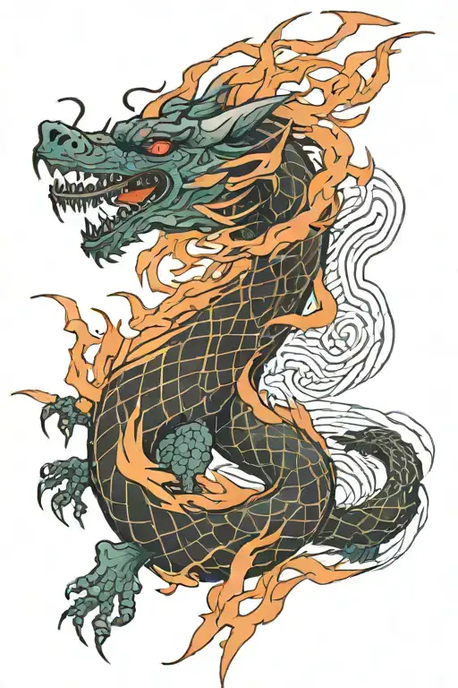 geometric cyberpunk dragon breathing fire tattoo design idea