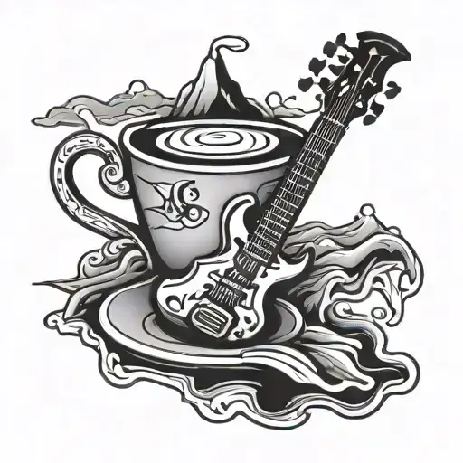 A minimalist tattoo of a coffee cup with a skeleton holding a guitar as steam forms the shape of mountains tattoo design idea