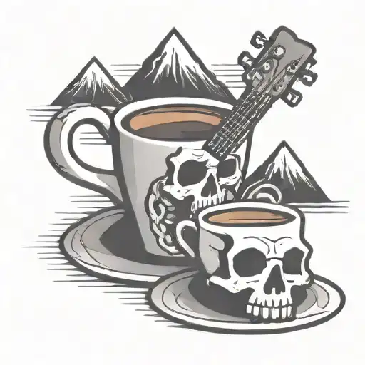 A minimalist tattoo of a coffee cup with a skeleton holding a guitar as steam forms the shape of mountains tattoo design idea