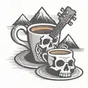 A minimalist tattoo of a coffee cup with a skeleton holding a guitar as steam forms the shape of mountains tattoo design idea