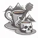 A minimalist tattoo of a coffee cup with a skeleton holding a guitar as steam forms the shape of mountains tattoo design idea