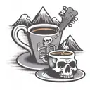 A minimalist tattoo of a coffee cup with a skeleton holding a guitar as steam forms the shape of mountains tattoo design idea